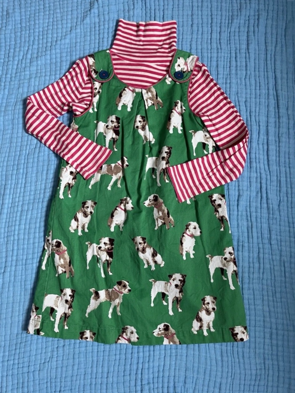 Mini Boden Green Terrier Dog Jumper Dress & Pink Stripe Turtleneck